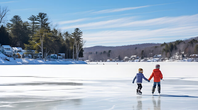 Children Learning to Ice Skate on a Frozen Lake