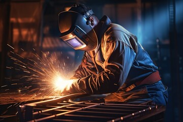 Metal welder working with arc welding machine to weld steel at factory.Skillful metal worker working with arc welding.