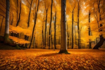 A tranquil forest scene in the midst of autumn, where golden leaves gently fall from the trees,...