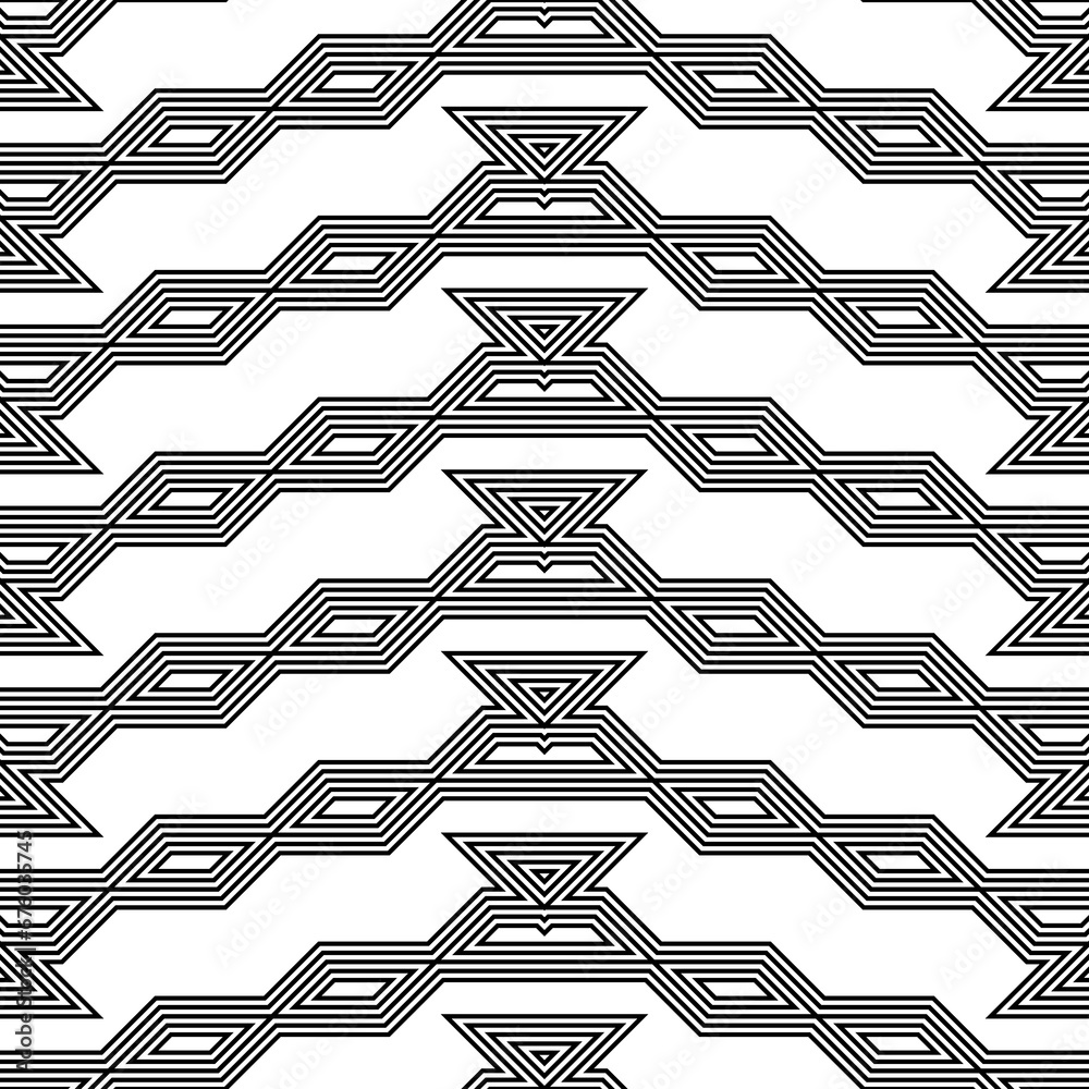 Wall mural Seamless surface pattern design with white parallelograms, triangles and trapezoids. Polygons abstract wallpaper. Ethnic embroidery ornament. Zigzag stripes. Jagged geometrical figures. Digital paper.