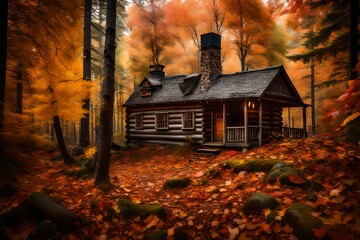 A quaint wooden cabin nestled in the middle of a dense, colorful forest, smoke curling from its chimney into the autumn air. --
