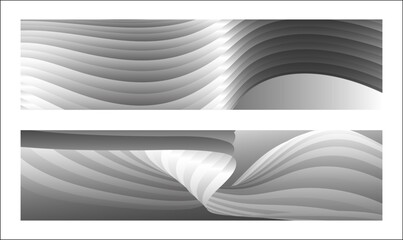 Monochrome cover design, abstract background. Wavy silver parallel gradient lines, ribbons, silk. Set of 2 backgrounds. Black and white with shades of gray banner, poster. eps vector