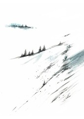 Watercolor illustration landscape of trees in the mountains with fog