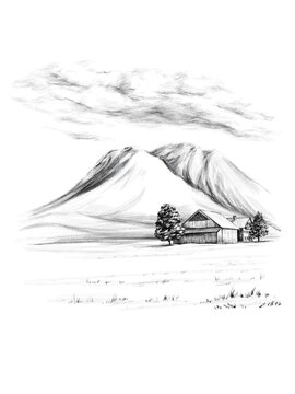 House in the mountains painting in pencil style