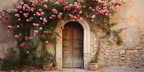wooden vintage door with pink flower bouquet background wallpaper, Generative Ai