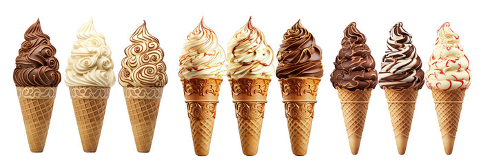 Assorted Photos of vanilla and chocolate Ice Cream Waffle Cone PNG Clipping Path