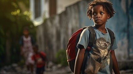 closeup portrait of young African boy going to school at morning, Generative Ai