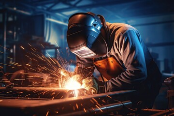 Metal welder working with arc welding machine to weld steel at factory.Skillful metal worker working with arc welding.