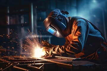 Metal welder working with arc welding machine to weld steel at factory.Skillful metal worker working with arc welding.
