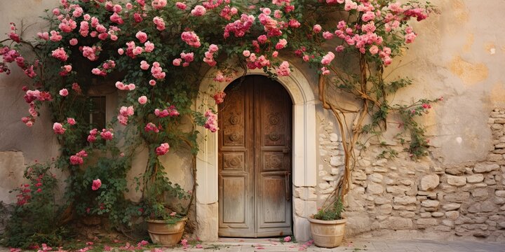 wooden vintage door with pink flower bouquet background wallpaper, Generative Ai - Powered by Adobe