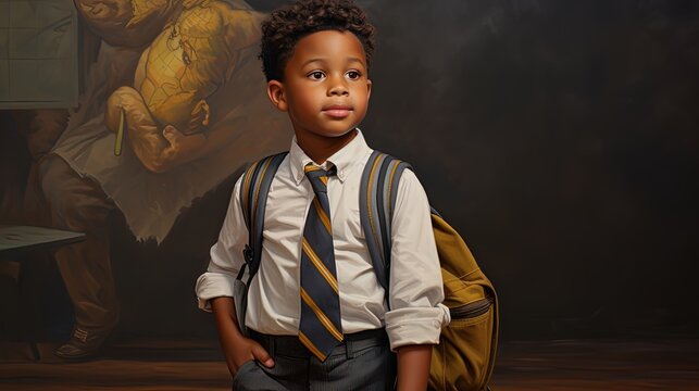  closeup portrait of young African boy going to school at morning, Generative Ai