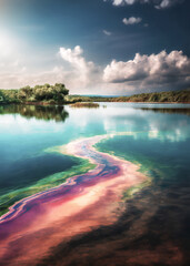 illustrazione di specchio d'acqua inquinato da sostanze chimiche tossiche - obrazy, fototapety, plakaty