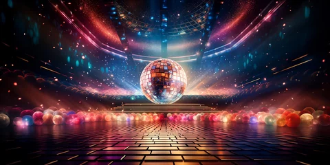 Gordijnen Bright disco scene with neon lights and dazzling disco ball as the centerpiece  © Katrin_Primak