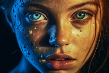 Close up portrait of model girl with blue eyes and artistic blue effect