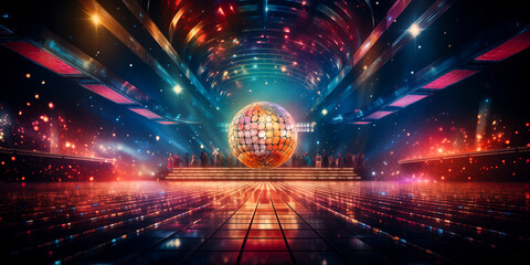 Bright disco scene with neon lights and dazzling disco ball as the centerpiece 