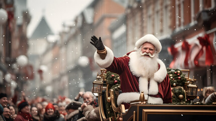 Santa Waiving From His Sleigh in a Parade - obrazy, fototapety, plakaty