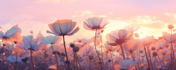 Obraz na płótnie Canvas field of big flowers close up, monochromatic colors, sunset