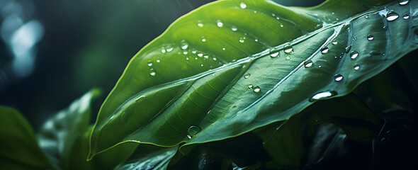 Fototapeta premium raindrops on fresh green leaves on a black background. Macro shot of water droplets on leaves. Waterdrop on green leaf after a rain generativ ai
