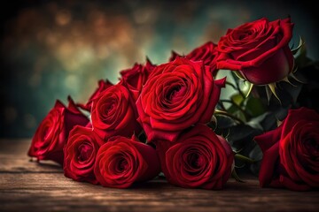 A bouquet of red roses against a blurred, dreamy background, creating a romantic and enchanting atmosphere.--