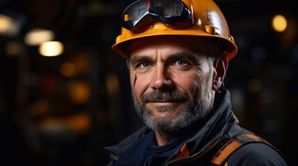 Fototapeta premium Portrait of male engineer in uniform and protective helmet at workplace.