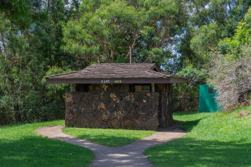 Fototapeta na wymiar Men's bathroom at Waimea Canyon State Park the sign days Kane the Hawaiin word for men in Kauai, Hawaii, United States. 