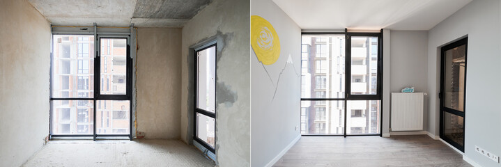 Comparison of children room with wooden bunk bed before and after restoration. Photo collage of old...
