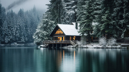 Small house near the lake with forest arount it