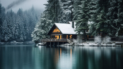 Obraz premium Small house near the lake with forest arount it
