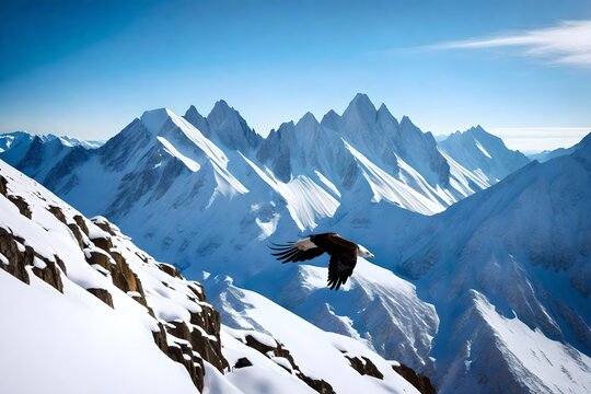 A majestic mountain range, covered in snow, with a cle