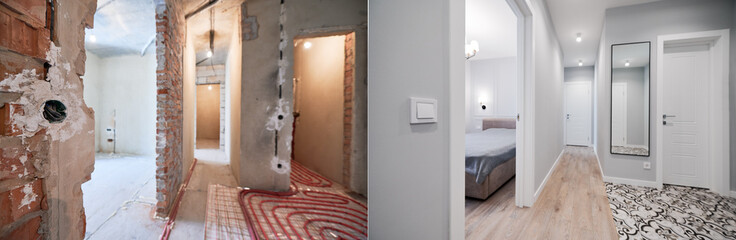 Photo collage of hallway and bedroom before and after refurbishment. Old apartment with underfloor...