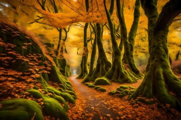An enchanting pathway through an ancient, moss-covered forest during the fall season, with the...