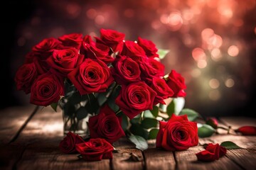 A bouquet of red roses against a blurred, dreamy background, creating a romantic and enchanting atmosphere.--