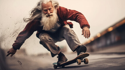Fototapeta na wymiar Active Lifestyle: High-Speed Skateboarding by an Old Man. 