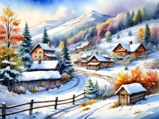 Fototapeta premium Watercolor painting of a snowy mountain village. Generative ai