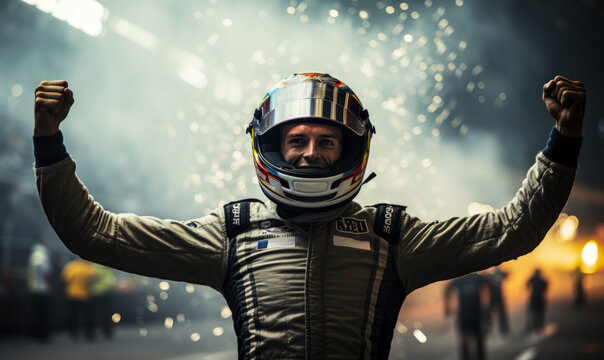 Race Car Driver Celebrates Victory in Grand Prix: A race car driver celebrates his victory in the grand prix