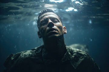 american soldier sinking underwater, suffering from ptsd from combat, mental health wellness, copy space for posters and banners - obrazy, fototapety, plakaty