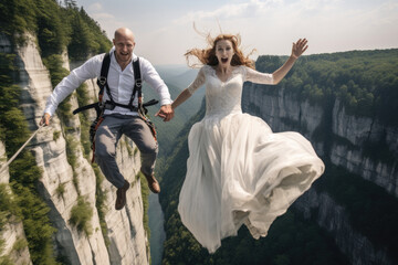 extreme adventure BASE jumping or sky diving wedding day, bride and groom jumping out of a plane or off a cliff with parachutes, i do