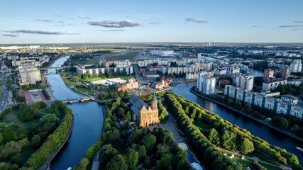 Kaliningrad city aerial view. Cathedral on Immanuel Kant Island, top view. Fishing village