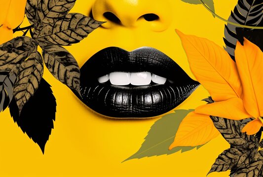 a black and white lipstick with leaves on yellow background, pop art collages, aggressive digital illustration, chillwave