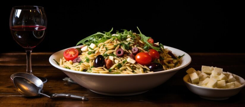 I enjoyed a healthy salad made with orzo risoni and rice pasta tossed with cheese cherry tomatoes red onion and a variety of fresh herbs while sipping a glass of refreshing red wine I used 