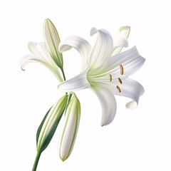 A solitary Crinum moorei (Natal Lily, White Lily) can be seen set against a pristine white backdrop.