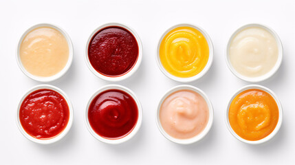 A delightful glob of ketchup in a white dish, among different sauce condiments, isolated against a white backdrop.