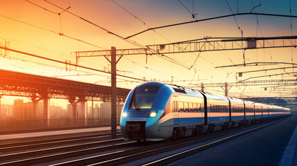 Fototapeta premium A high-speed passenger train, a symbol of modern travel, races through a rustic industrial setting at sunset..