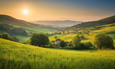 A tranquil countryside scene unveils before the eyes of the beholder - obrazy, fototapety, plakaty