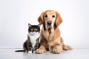 A pooch and a feline are gazing into the lens against a pale setting.