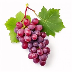 Fototapeta premium Isolated top-view of halved red grapes with verdant foliage on a plain white backdrop.