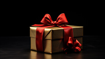 Experience the delight of unveiling a lavish gift adorned with a gleaming gold bow and a lively red...