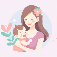Happy Mom with baby on pastel background. ai generative