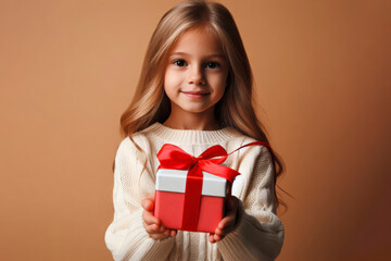 Fototapeta premium Little girl with gift box on solid background. ai generative
