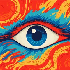 a colourful eye surrounded by swirling red and blue colors on an orange background, vintage poster design, optical illusion, zigzags